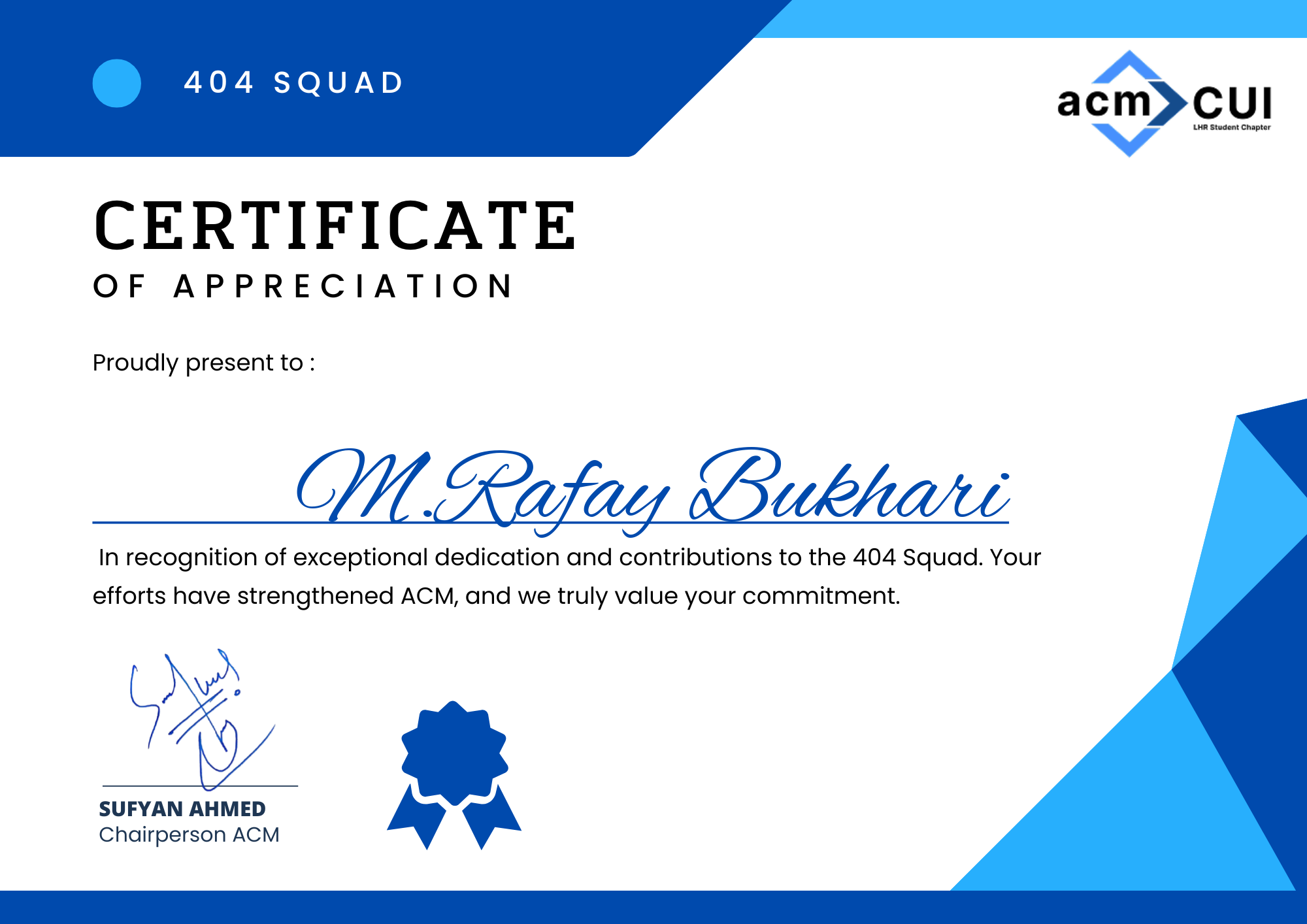 Certificate of Appreciation — ACM 404 Squad